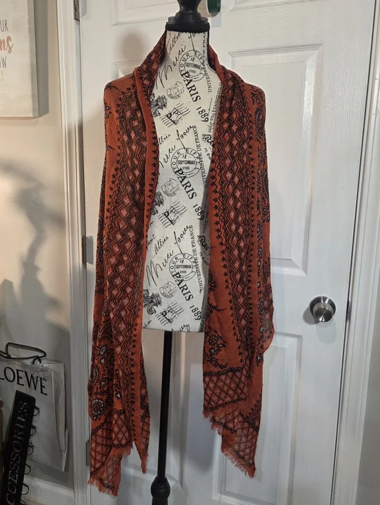 J. Crew Orange and Black Paisley Pattern Scarf - Picture 2 of 4